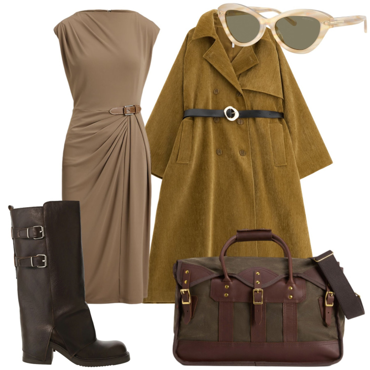 Outfit donna - Appuntamento di lavoro. Stile Urban per Ufficio. Abbinamento con trench, stivali, vestiti, occhiali da sole, borse a tracolla.