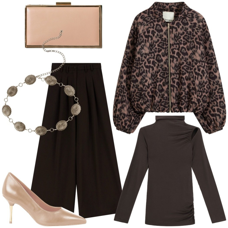 Outfit donna - Bomber di sera. Stile Casual chic per Serata fuori. Abbinamento con bomber, pantaloni, décolleté, pochette, cinture, pullovers.