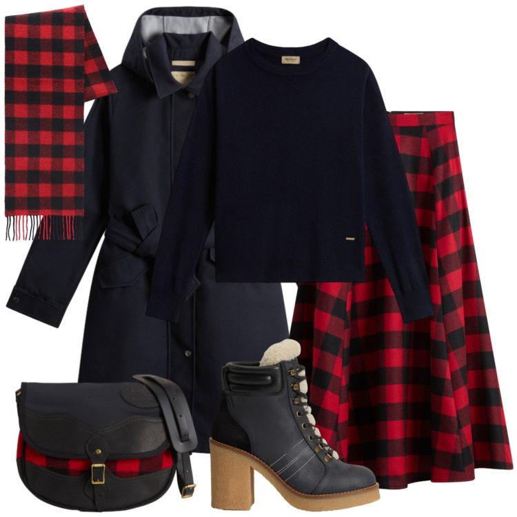Outfit donna - Nero e rosso. Stile Casual chic per Serata fuori. Abbinamento con gonne lunghe, borse a tracolla, stivaletti, sciarpe, maglieria, trench.