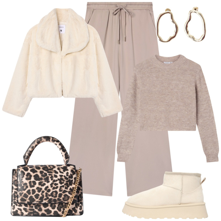 Outfit donna - Cozy and chic. Stile Casual chic per Tutti i giorni. Abbinamento con maglieria, borse a tracolla, stivaletti, pantaloni, ecopellicce, orecchini.