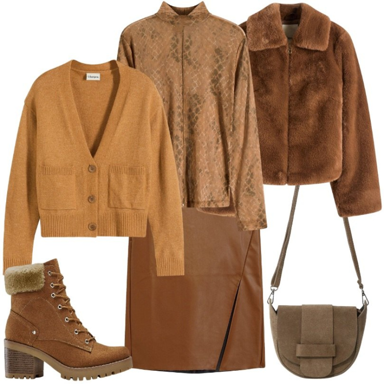 Outfit donna - Gonna longuette in similpelle. Stile Casual per Tutti i giorni. Abbinamento con ecopellicce, gonne longuette, stivaletti, cardigans, maglieria, borse a tracolla.