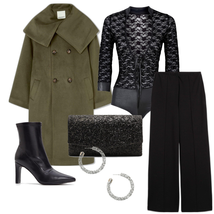 Outfit femme - Novembre. Style Glamour pour Soirée dehors. Assortir avec body, pantalon , manteaux, bottines, boucles d'oreilles, pochette.