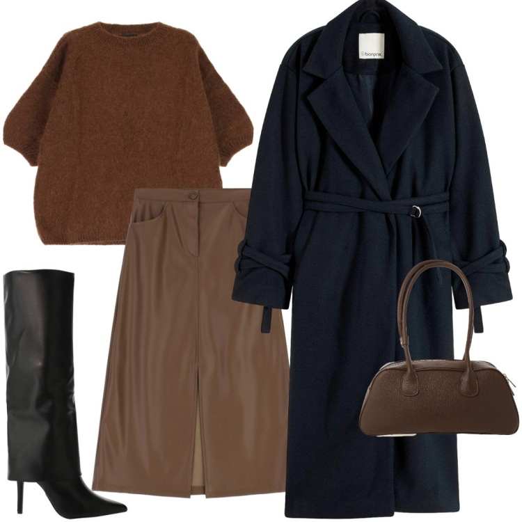 Outfit donna - Cozy e chic. Stile Chic per Serata fuori. Abbinamento con cappotti, gonne longuette, stivali, borse a mano, maglieria.