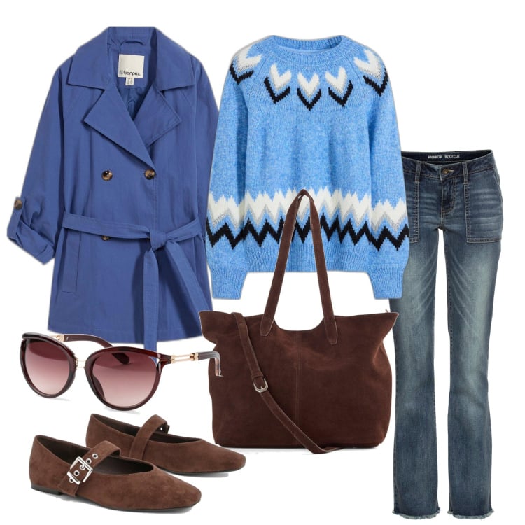 Outfit femme - Novembre. Style Casual chic pour Tous les jours. Assortir avec imperméable, jean bootcut, pulls, sac cabas, lunettes de soleil, ballerines.