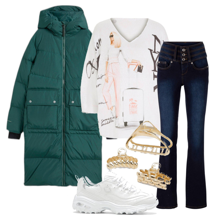 Outfit femme - Novembre. Style Basique pour Tous les jours. Assortir avec pulls, jean bootcut, sneakers, doudounes, accessoires pour cheveux.