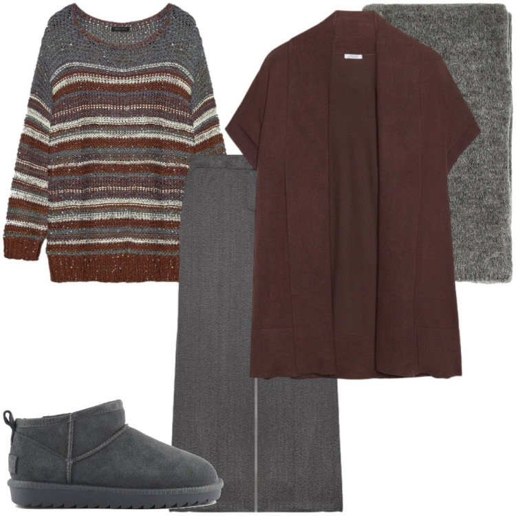 Outfit donna - Cozy e chic. Stile Casual chic per Tutti i giorni. Abbinamento con sciarpe, maglieria, pantaloni, cardigans, stivali.
