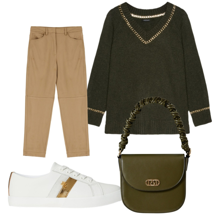 Outfit donna - Semplicemente. Stile Casual per Tutti i giorni. Abbinamento con borse a mano, pantaloni chino, sneakers, maglieria.