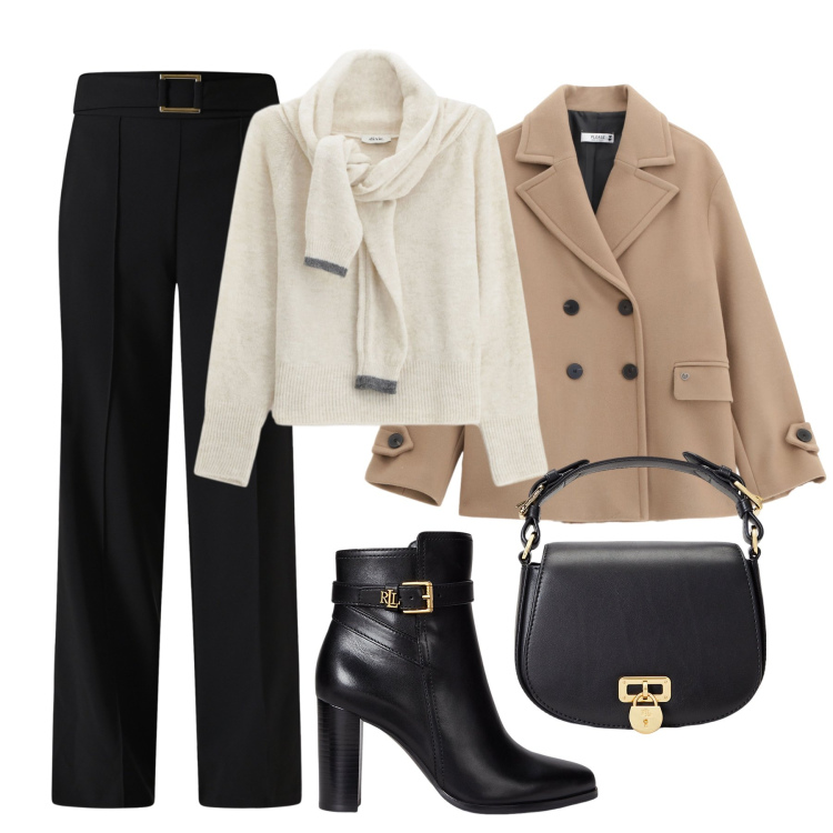 Outfit donna - Basica chic H24. Stile Glamour per Tutti i giorni. Abbinamento con pantaloni, cappotti, maglieria, borse a tracolla, stivaletti.