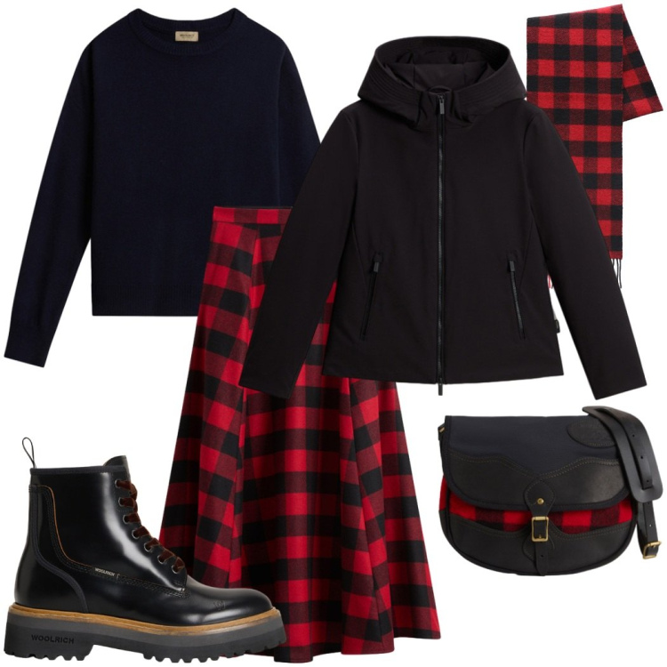 Outfit donna - Woolrich black Friday. Stile Urban per Tutti i giorni. Abbinamento con anfibi, gonne lunghe, borse a tracolla, sciarpe, maglieria, parka.