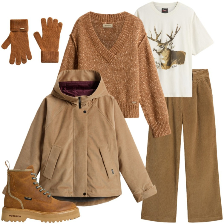 Outfit donna - Woolrich black Friday. Stile Casual chic per Tutti i giorni. Abbinamento con guanti, anfibi, blazer, maglieria, pantaloni, t-shirt.