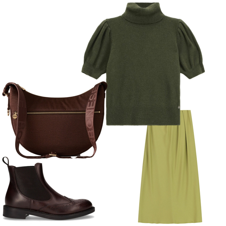 Outfit donna - Verde. Stile Casual chic per Ufficio. Abbinamento con borse a spalla, gonne lunghe, maglieria, stivaletti chelsea.