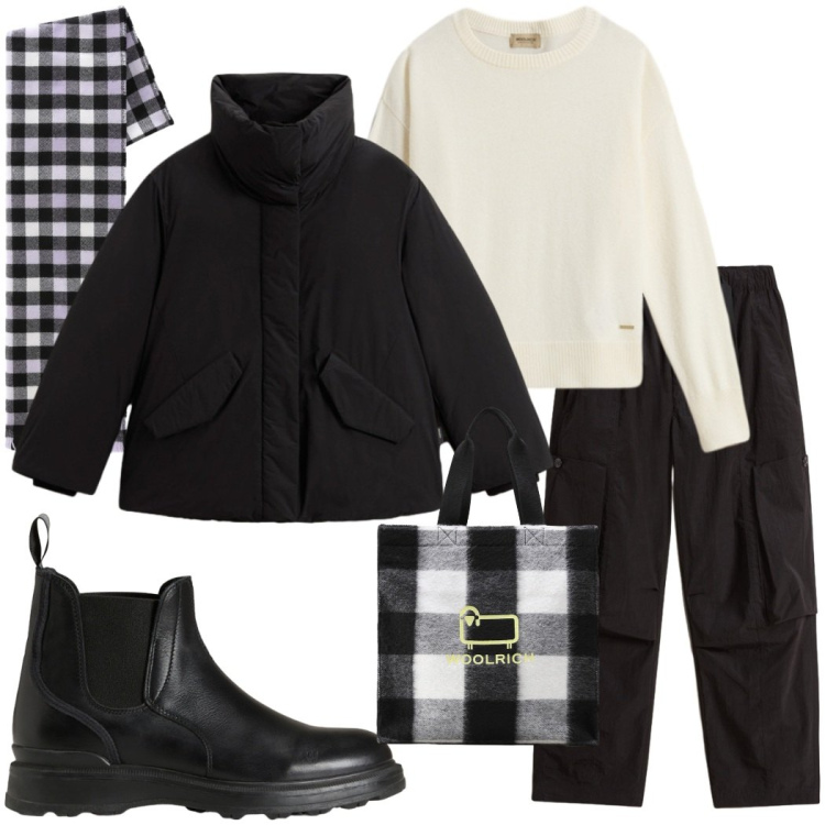 Outfit donna - Woolrich black Friday. Stile Urban per Tutti i giorni. Abbinamento con stivaletti, borse tote, sciarpe, maglieria, pantaloni cargo, parka.