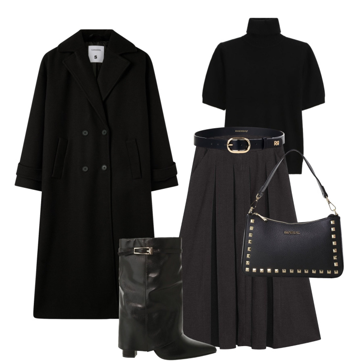 Outfit donna - Antracite e nero. Stile Trendy per Tutti i giorni. Abbinamento con gonne longuette, cinture, cappotti, pochette, maglieria, stivali.