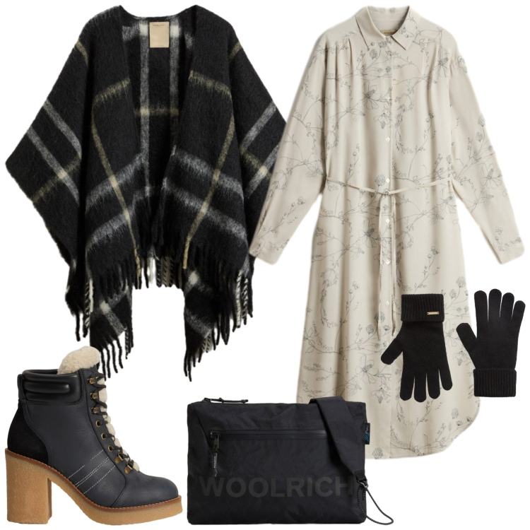 Outfit donna - Woolrich - Black Friday. Stile Urban per Tutti i giorni. Abbinamento con vestiti lunghi, cappe, stivaletti, borse a tracolla, guanti.