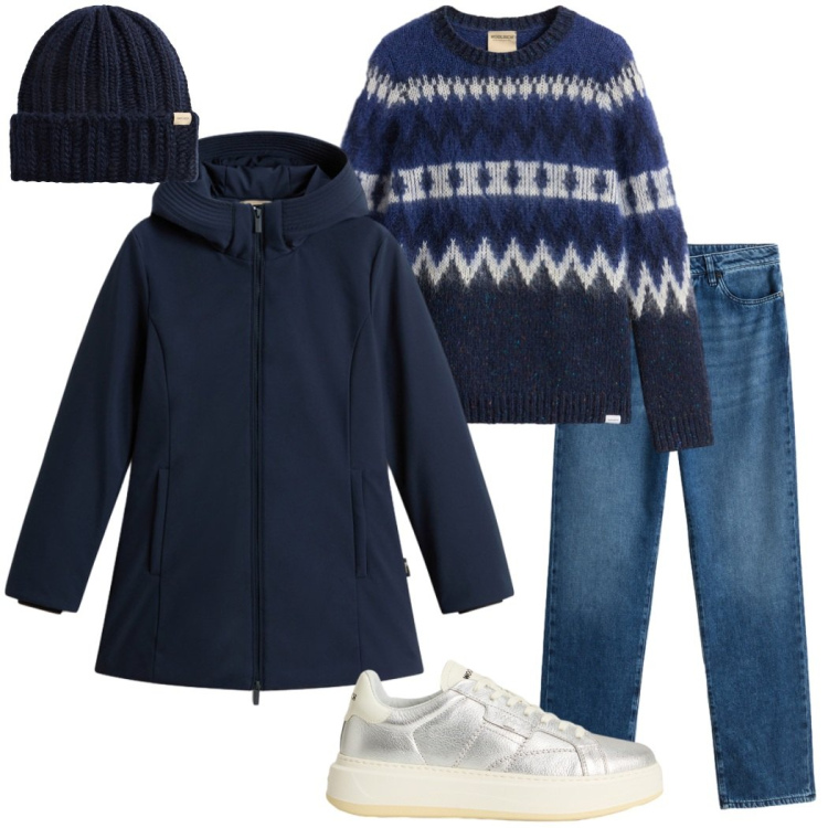 Outfit donna - Woolrich black Friday. Stile Urban per Tutti i giorni. Abbinamento con maglieria, sneakers, berretti, jeans, parka.