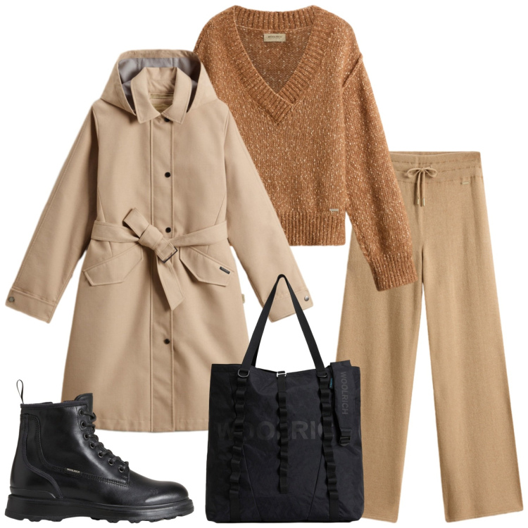 Outfit donna - Woolrich - Black Friday. Stile Urban per Tutti i giorni. Abbinamento con maglieria, anfibi, borse tote, pantaloni, trench.