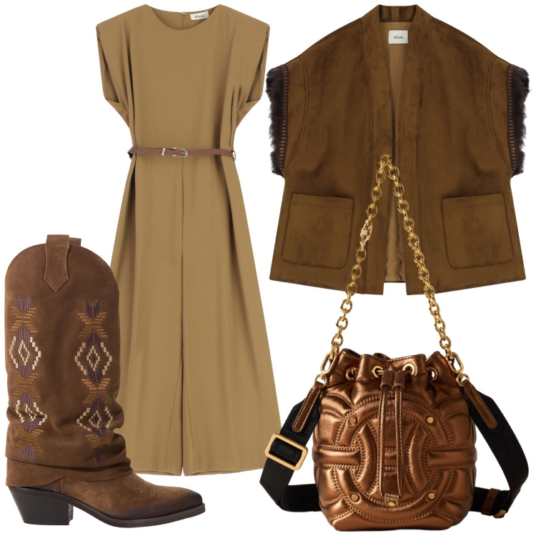 Outfit donna - Total look #2287528. Stile Rock per Serata fuori. Abbinamento con borse a secchiello, stivali, gilet, tute.