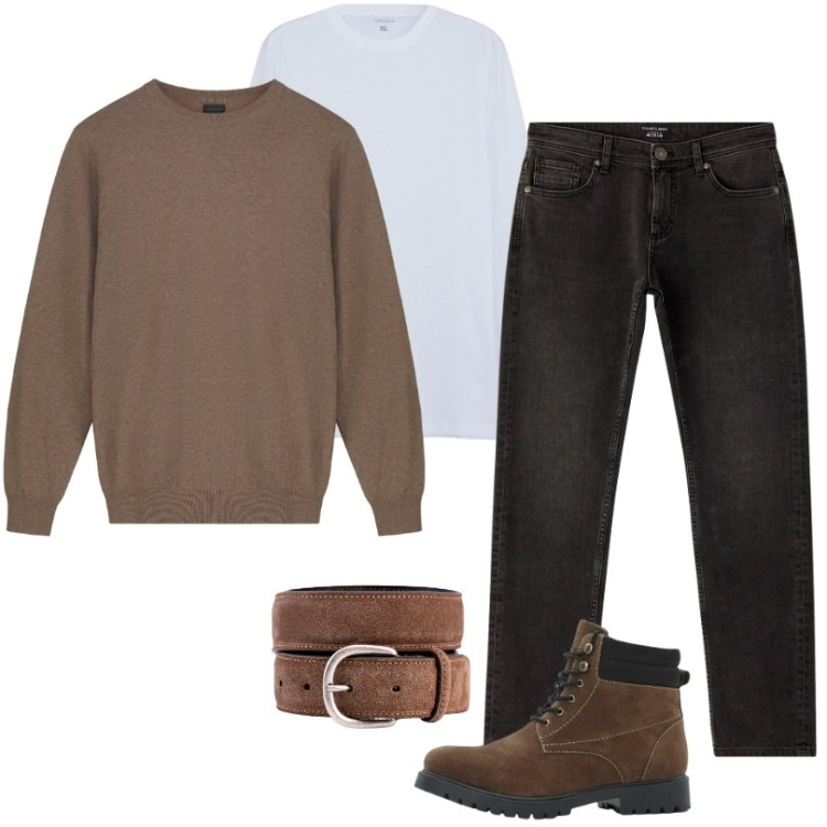 Outfit uomo - In città. Stile Casual per Ufficio. Abbinamento con stivali e stivaletti, jeans, t-shirt, cinture, maglieria.