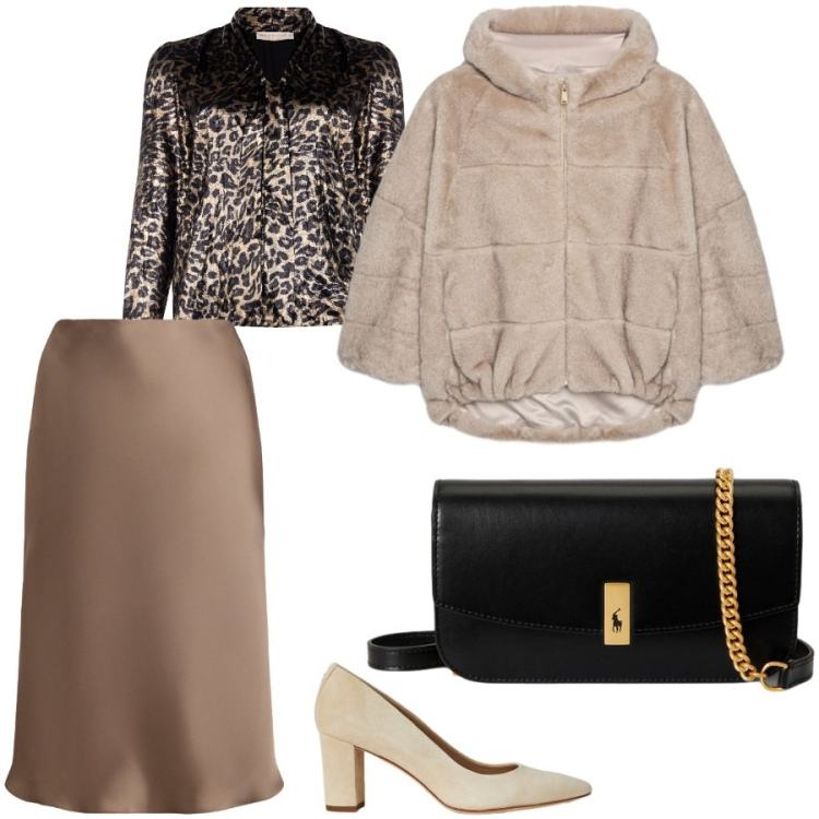 Outfit donna - Lady curvy. Stile Chic per Serata fuori. Abbinamento con bluse, décolleté, gonne, clutch, ecopellicce.