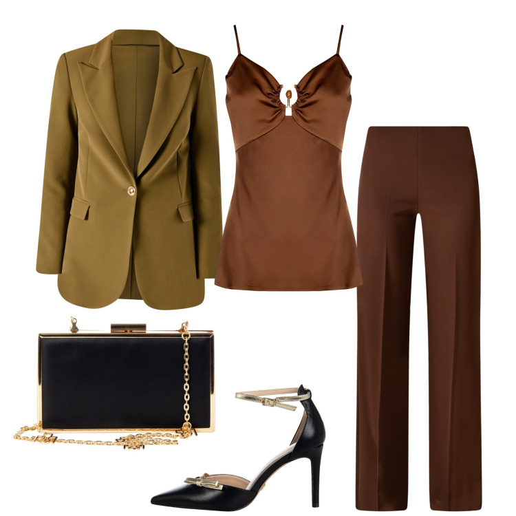 Outfit donna - Rinascimento - Black Friday 2025. Stile Chic per Cerimonia. Abbinamento con top, pochette, blazer, décolleté, pantaloni a palazzo.
