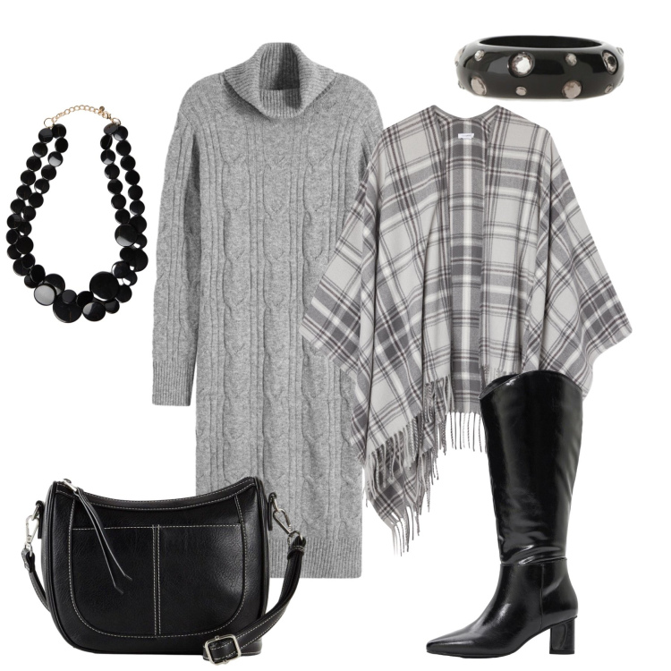 Outfit donna - L’abito in maglia. Stile Trendy per Tutti i giorni. Abbinamento con borse a tracolla, stivali, vestiti, cappotti, anelli, collane.