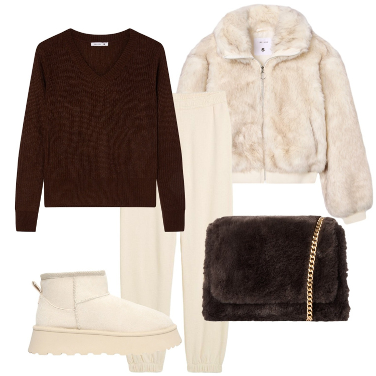 Outfit donna - Look caldo avvolgente. Stile Casual per Tutti i giorni. Abbinamento con pantaloni, maglieria, ecopellicce, borse a tracolla, stivaletti.