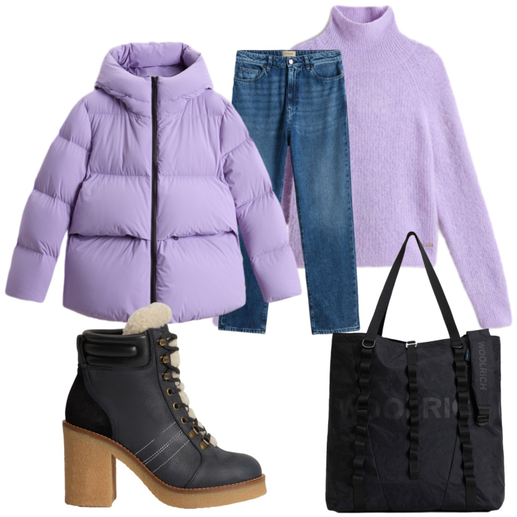 Outfit donna - Total look #2287542. Stile Urban per Scuola/Università. Abbinamento con jeans, borse tote, stivaletti, piumini, maglieria.