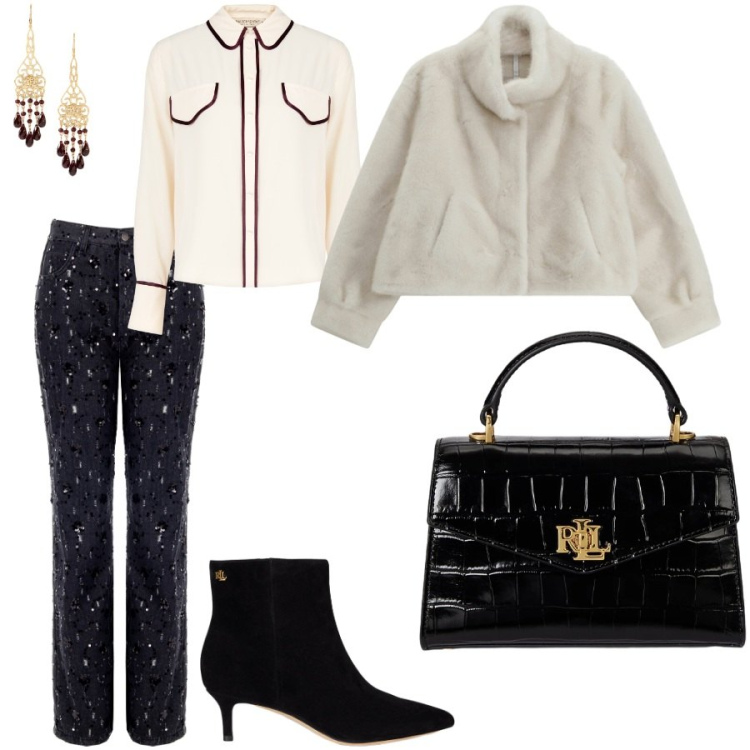 Outfit donna - I jeans gioiello. Stile Chic per Serata fuori. Abbinamento con camicie, pantaloni, ecopellicce, stivaletti, orecchini, borse a mano.