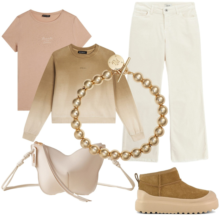 Outfit donna - Una mattina con il caffè. Stile Casual chic per Tutti i giorni. Abbinamento con borse a tracolla, felpe, t-shirt, pantaloni, braccialetti, stivali.