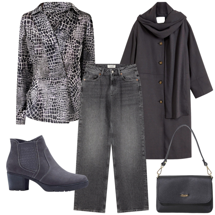 Outfit donna - Total look #2287546. Stile Mannish per Ufficio. Abbinamento con stivaletti, cappotti, bluse, jeans, borse a tracolla.