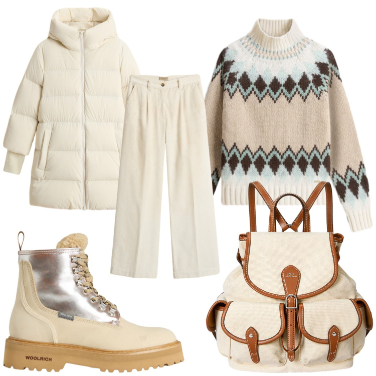 Outfit donna - Total look #2287547. Stile Trendy per Tutti i giorni. Abbinamento con zaini, pantaloni, maglieria, anfibi, piumini.