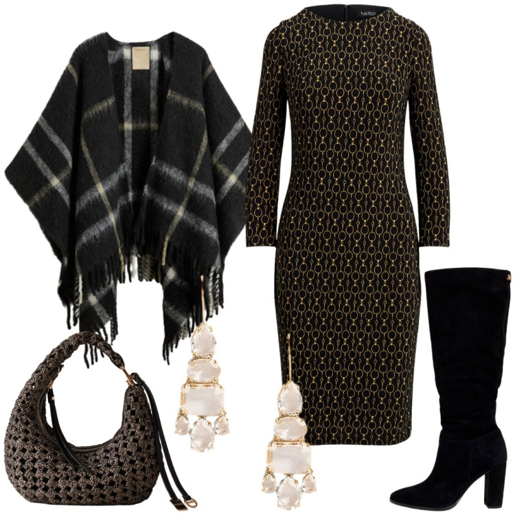 Outfit donna - Total look #2287548. Stile Chic per Serata fuori. Abbinamento con borse a spalla, stivali, orecchini, vestiti a tubino, cappe.