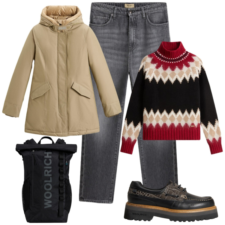 Outfit donna - Black Friday Woolrich. Stile Basic per Tutti i giorni. Abbinamento con jeans, mocassini, maglieria, parka, zaini.