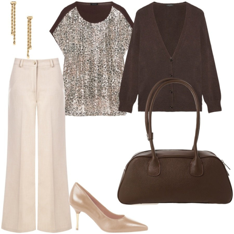 Outfit donna - Animalier laminato. Stile Chic per Serata fuori. Abbinamento con décolleté, pantaloni, borse a mano, orecchini, cardigans, bluse.