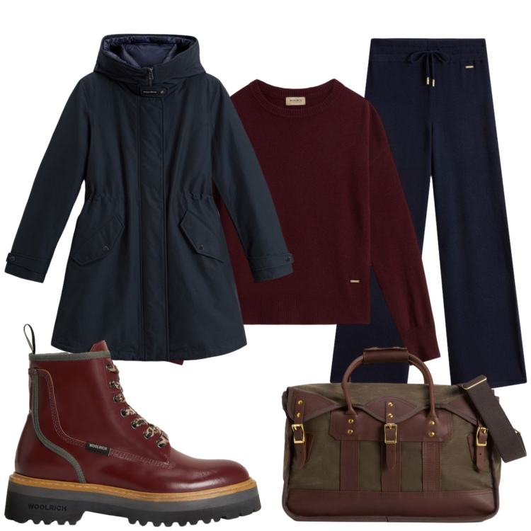 Outfit donna - Total look #2287553. Stile Urban per Ufficio. Abbinamento con pantaloni, borse a tracolla, anfibi, parka, maglieria.