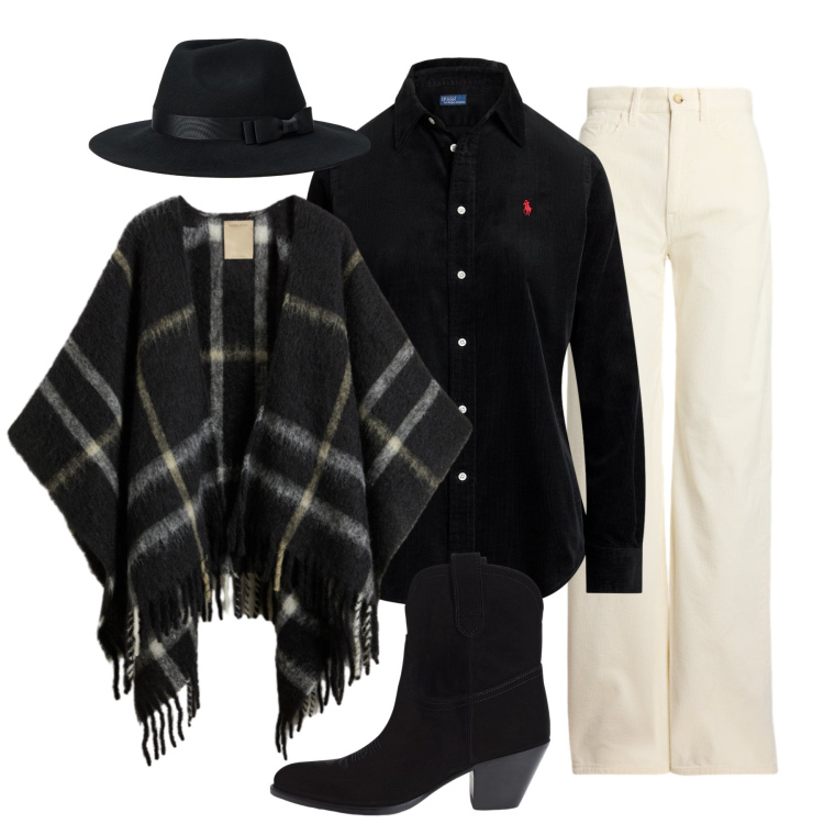 Outfit donna - Country in black. Stile Casual chic per Tutti i giorni. Abbinamento con camicie, stivaletti, pantaloni, cappelli, cappe.