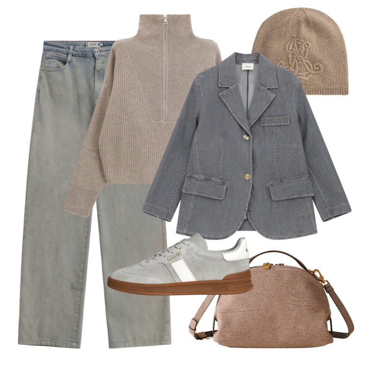 Outfit donna - Trendy urbano. Stile Urban per Tutti i giorni. Abbinamento con pantaloni a palazzo, borse a mano, blazer, maglieria, sneakers, berretti.