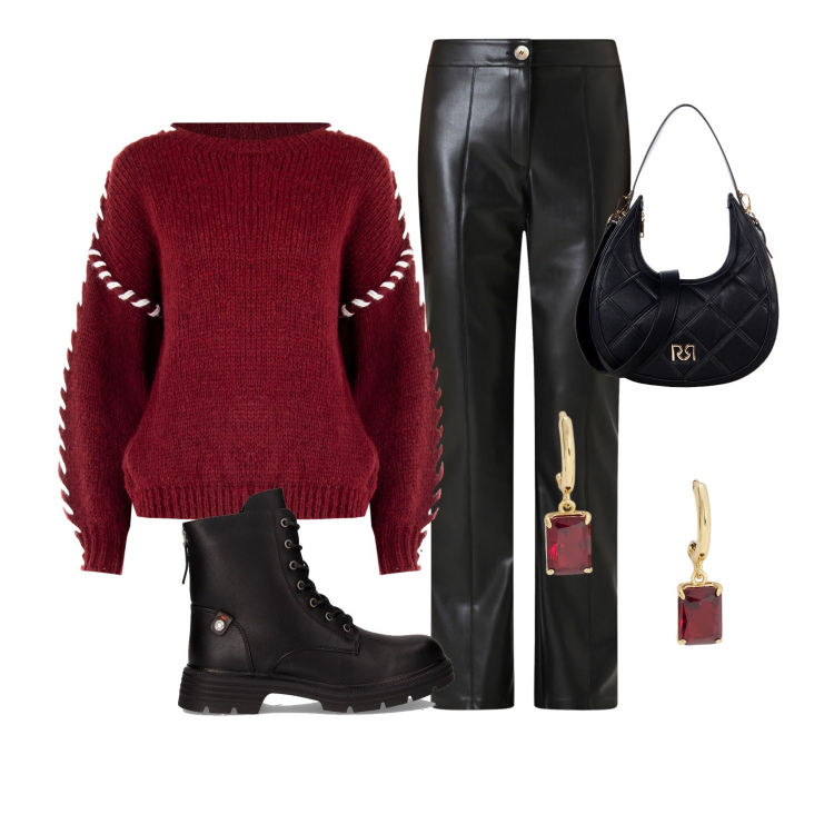 Outfit donna - Rinascimento. Stile Casual per Tutti i giorni. Abbinamento con pantaloni, maglieria, borse a tracolla, orecchini, anfibi.