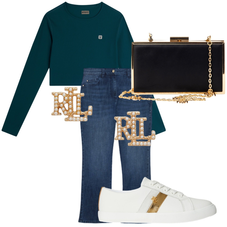 Outfit donna - Una giornata brillante. Stile Casual chic per Tutti i giorni. Abbinamento con pochette, maglieria, orecchini, sneakers, jeans dritti.