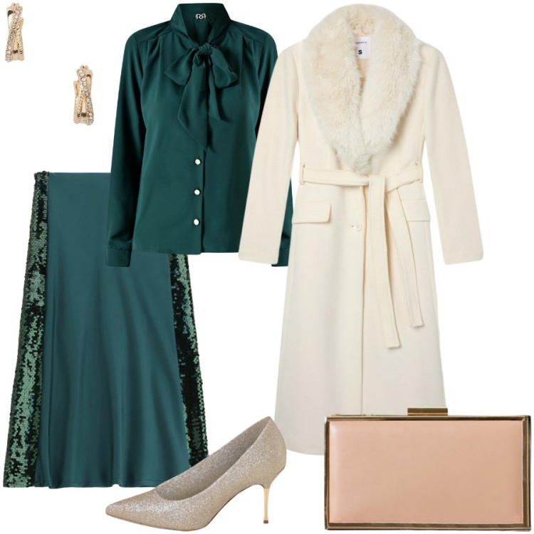 Outfit donna - Total verde. Stile Chic per Serata fuori. Abbinamento con gonne lunghe, bluse, pochette, décolleté, cappotti, orecchini.