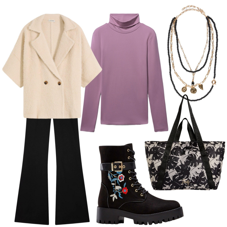 Outfit donna - Total look #2287567. Stile Casual chic per Tutti i giorni. Abbinamento con cardigans, stivali, leggings, t-shirt, shopping bag, collane.