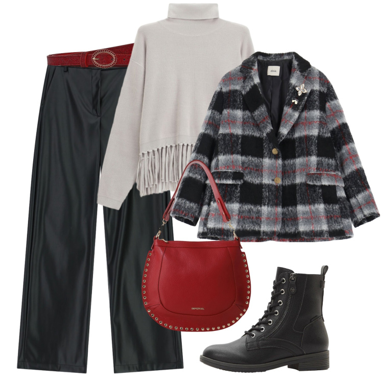 Outfit donna - Total look city time. Stile Urban per Tutti i giorni. Abbinamento con stivaletti, maglieria, cinture, pantaloni, borse a spalla, blazer.