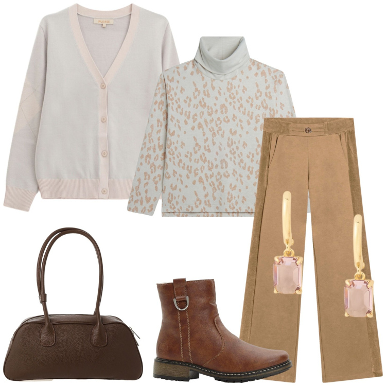 Outfit donna - Total look #2287570. Stile Casual per Tutti i giorni. Abbinamento con stivaletti, cardigans, borse a mano, felpe, pantaloni, orecchini.