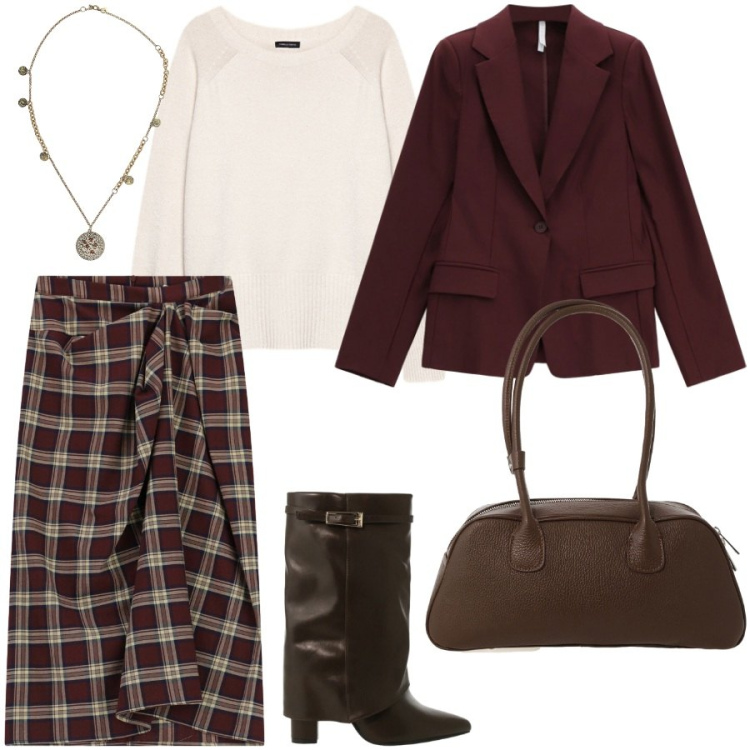 Outfit donna - Longuette in tartan con nodo. Stile Chic per Tutti i giorni. Abbinamento con gonne longuette, blazer, stivali, borse a mano, ciondoli, maglieria.