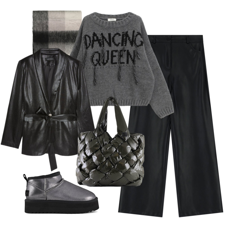 Outfit donna - Comfy con stile in città. Stile Urban per Tutti i giorni. Abbinamento con maglieria, pantaloni a palazzo, sciarpe, borse tote, blazer, stivaletti.