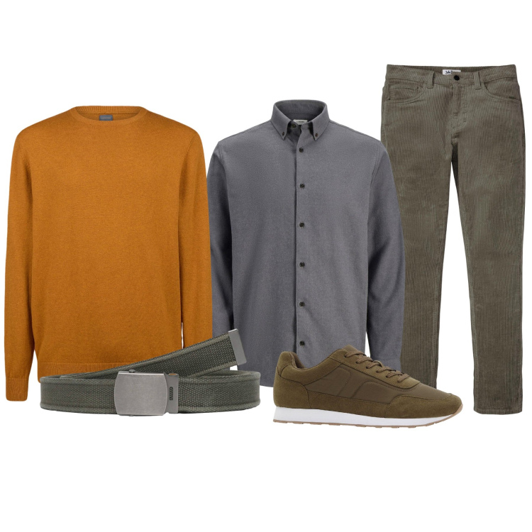 Outfit uomo - Il maglione color ocra. Stile Casual per Tutti i giorni. Abbinamento con camicie, pantaloni, sneakers, cinture, maglieria.