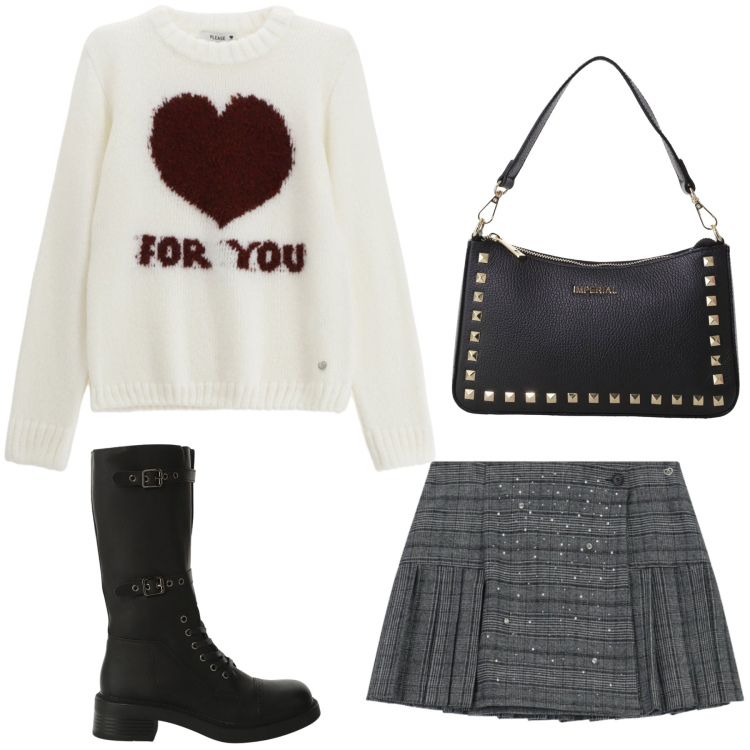 Outfit donna - Total look #2287577. Stile Casual per Tutti i giorni. Abbinamento con minigonne, pullovers, stivali, pochette.