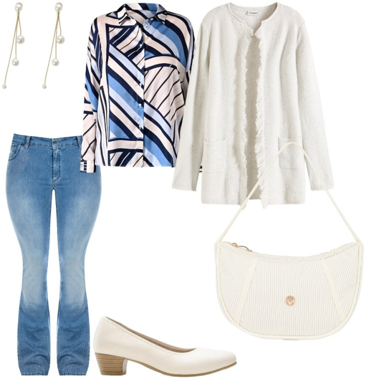 Outfit donna - Caffè con amiche. Stile Casual chic per Tutti i giorni. Abbinamento con décolleté, cardigans, camicie, jeans a zampa, orecchini, borse a mano.