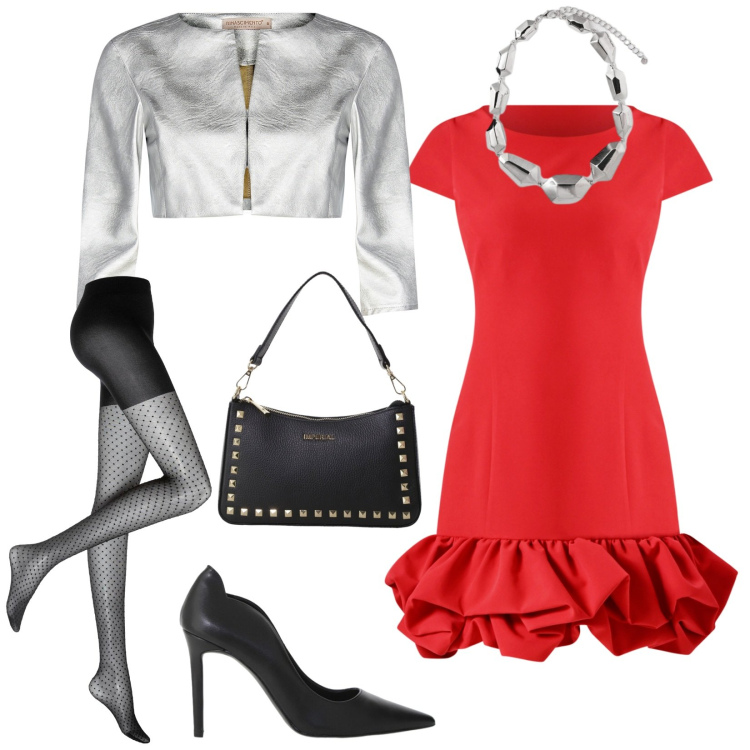 Outfit donna - Eventi feste. Stile Glamour per Serata fuori. Abbinamento con collant, bolero, vestiti, pochette, décolleté, ciondoli.