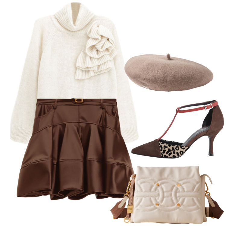 Outfit donna - Dettagli di classe. Stile Glamour per Tutti i giorni. Abbinamento con maglieria, minigonne, borse a tracolla, décolleté, berretti.